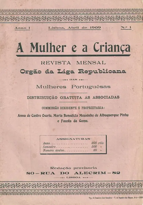 Capa de revista em papel rosado, só com texto: o título em letras grandes, «Órgão da Liga Republicana das Mulheres Portuguesas», os nomes da comissão dirigente, a começar por Anna de Castro Osorio, e a morada da redação, na Rua do Alecrim.