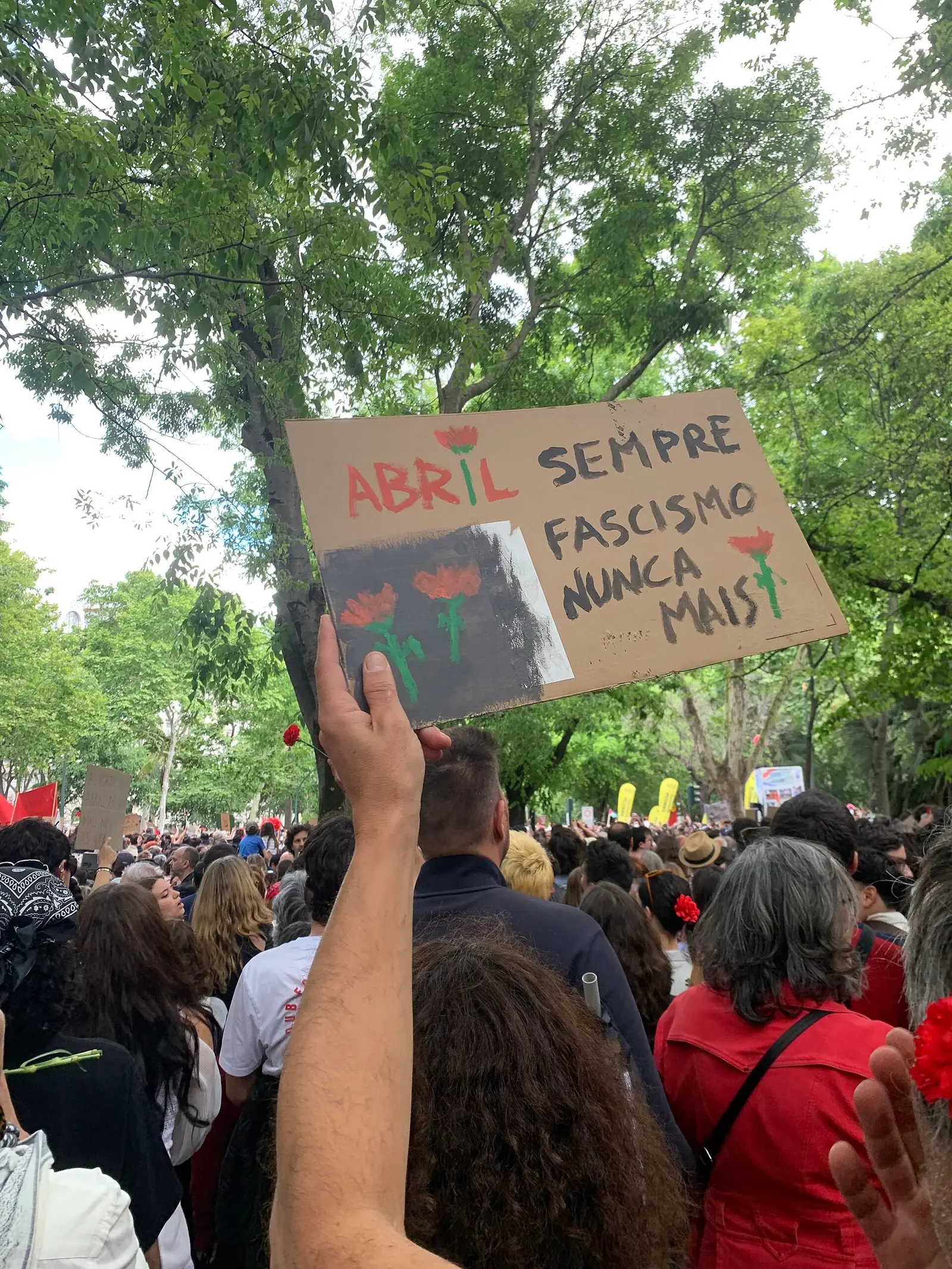 Uma mão levanta um cartaz de cartão com cravos pintados por cima de uma multidão, debaixo das árvores.