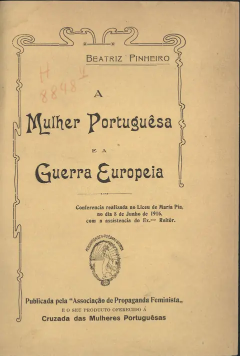 Capa de folheto antigo em papel amarelado, com moldura decorativa, o nome «Beatriz Pinheiro», o título em letras ornamentadas e um pequeno medalhão com uma figura feminina.
