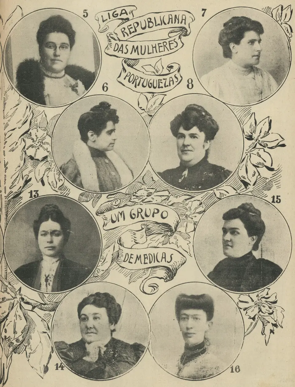 Página de jornal antigo com oito retratos de mulheres em medalhões redondos, numerados e rodeados de flores desenhadas, com as legendas «Liga Republicana das Mulheres Portuguezas» e «Um grupo de médicas».