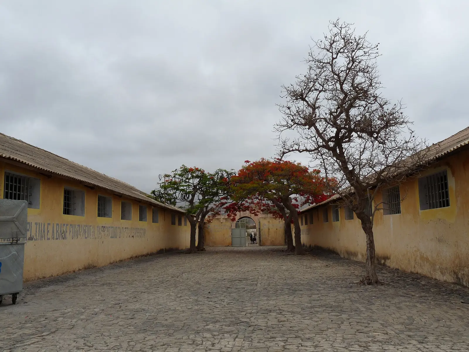 Recinto de terra batida entre pavilhões compridos e baixos, pintados de amarelo e cinzento, com uma árvore seca ao centro, sob céu nublado.